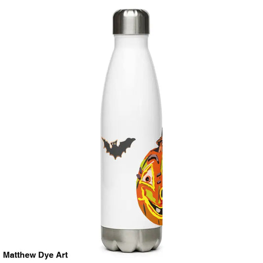 White 17 oz Stainless Steel Water Bottle with Pumpkin Witch Halloween design for hydration