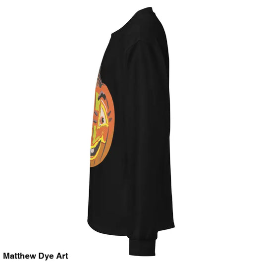 Black long-sleeved premium shirt featuring a whimsical pumpkin graphic for comfort