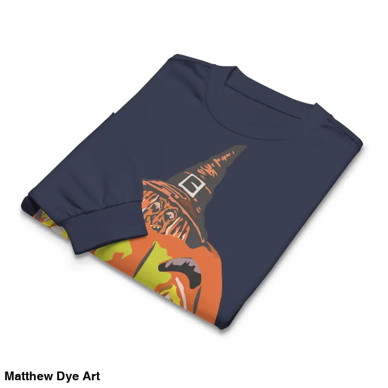 Folded navy blue Halloween sweatshirt featuring a jack-o’-lantern design, premium long sleeve comfort
