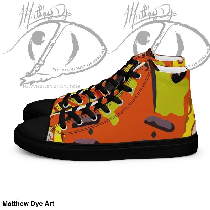 High-top sneaker featuring orange, yellow, and black camouflage for Whimsical Pumpkin Witch Women’s