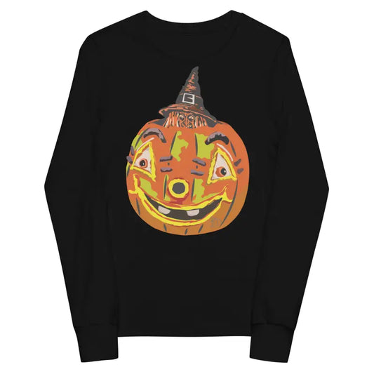 Black long-sleeved Pumpkin Witch youth tee from the Halloween collection featuring a pumpkin graphic