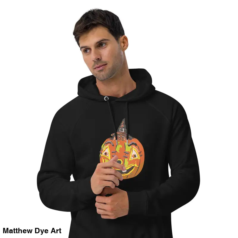 Black hoodie with pumpkin graphic from Pumpkin Witch’s Spell unisex cotton-blend eco hoodie