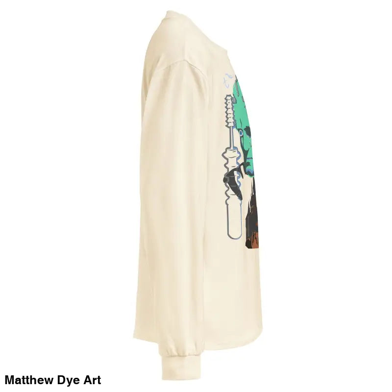 Cream-colored heavy long sleeve tee featuring Frankenstein Halloween graphic design