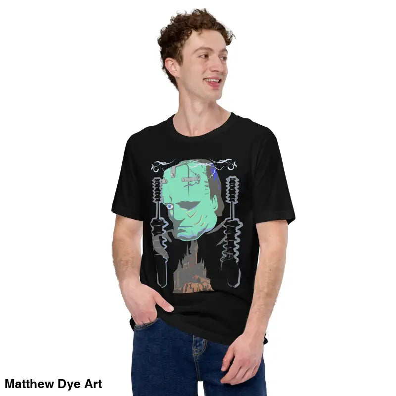 Black Franky Unisex T-Shirt featuring a graphic of Frankenstein’s Monster for classic horror fans