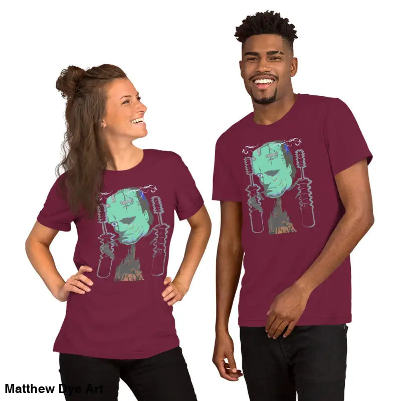 Matching Frankenstein t-shirts featuring classic horror art on Franky unisex t-shirt