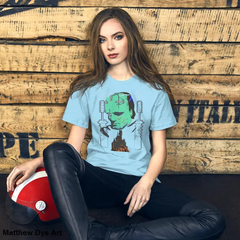 Light blue Franky unisex t-shirt featuring classic horror Frankenstein’s monster art