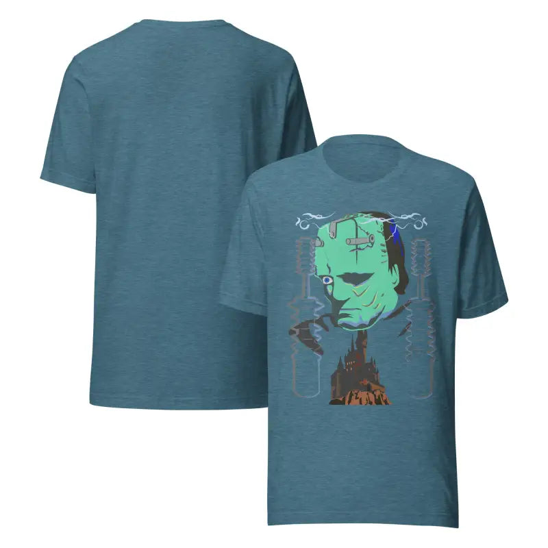 Teal Franky unisex t-shirt featuring a graphic of Frankenstein’s monster in classic horror style