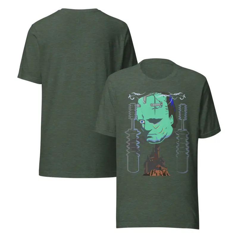 Green Franky unisex t-shirt featuring a graphic of Frankenstein’s monster in classic horror style