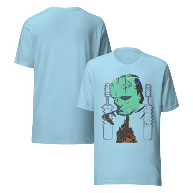 Light blue Franky unisex t-shirt featuring classic horror Frankenstein’s monster art