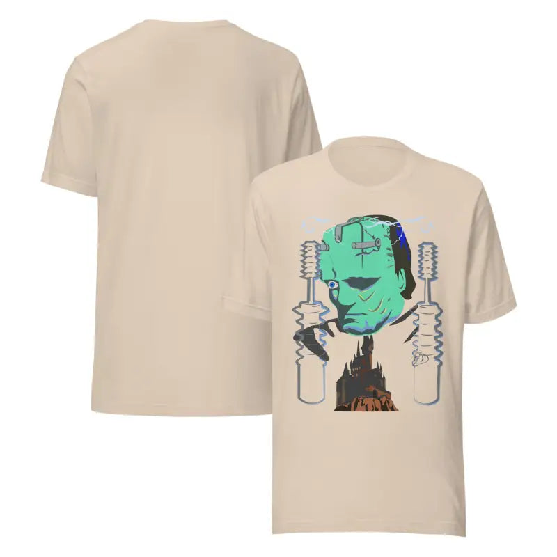 Beige Franky unisex t-shirt featuring a graphic of Frankenstein’s monster, classic horror art
