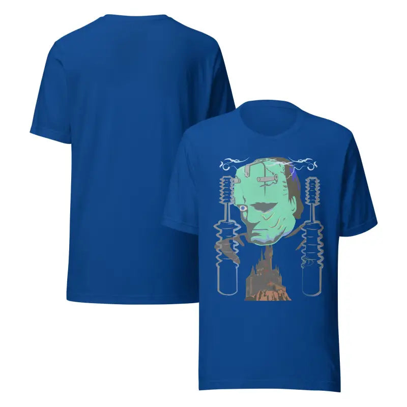 Blue Frankenstein unisex t-shirt featuring classic horror art of Frankenstein’s monster
