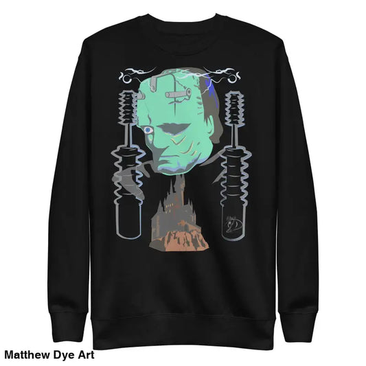 Black sweatshirt with mint green Frankenstein design for a retro Franky spooky season look