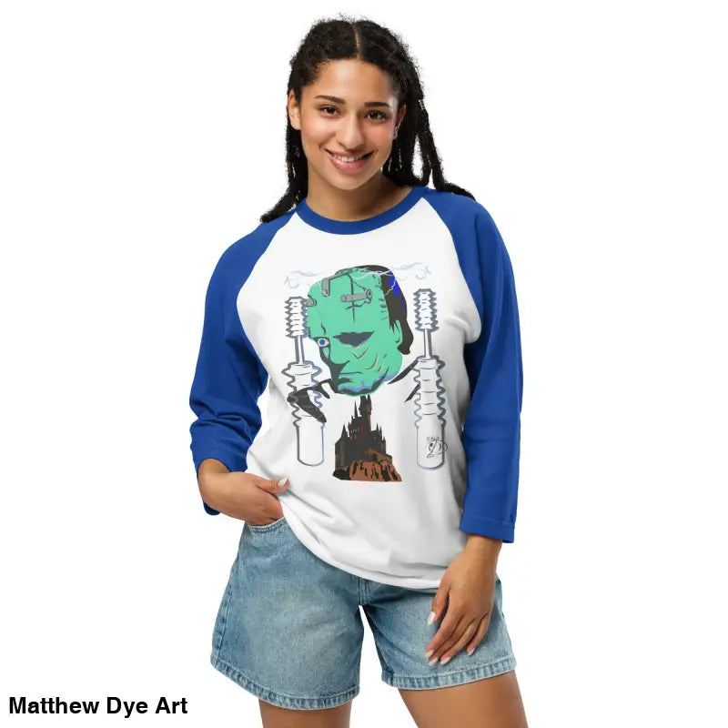 Woman’s Retro Reanimated Raglan shirt featuring Frankenstein’s awakening by Matthew Dye Art