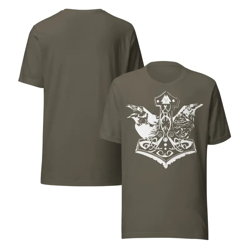 Olive green Odin’s Chosen tee featuring white raven and hammer design, transcending mere apparel