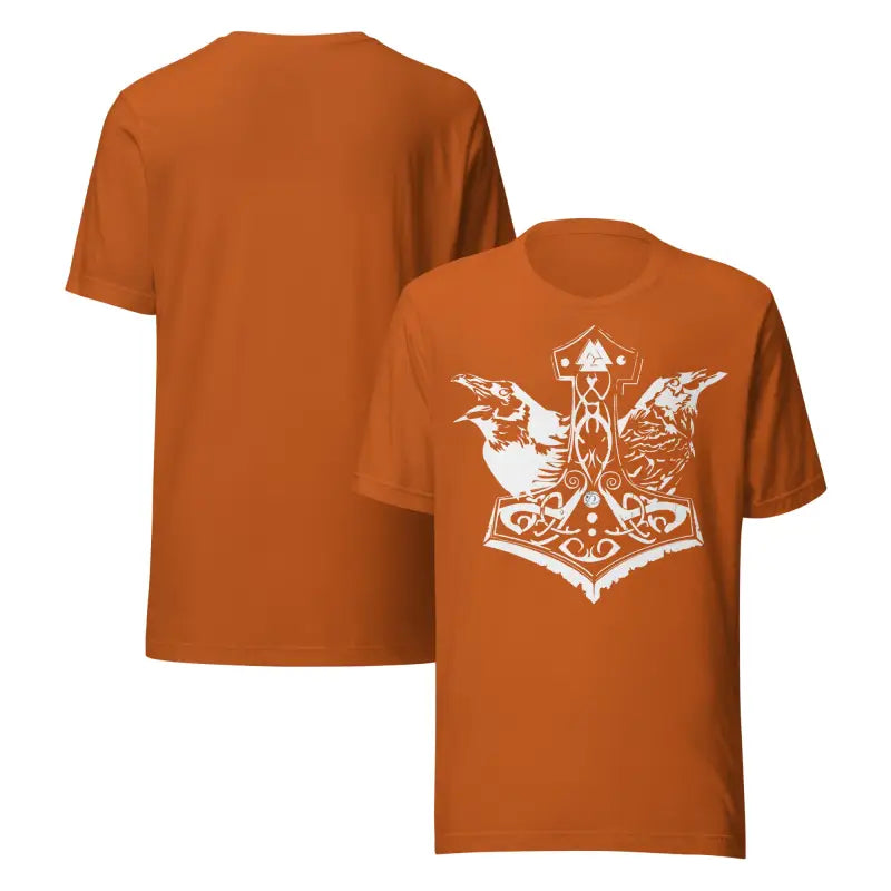 Orange Odin’s Chosen Tee featuring white raven and hammer design, transcending mere apparel
