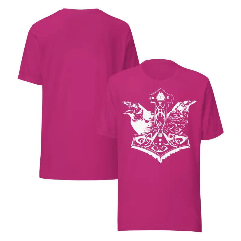Magenta Odin’s Chosen Tee featuring a raven and hammer design, transcending mere apparel