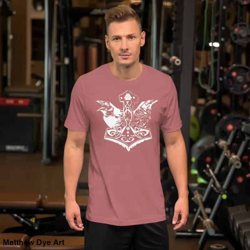 Man showcasing the Odin’s Chosen Tee, a remarkable piece of Norse art apparel