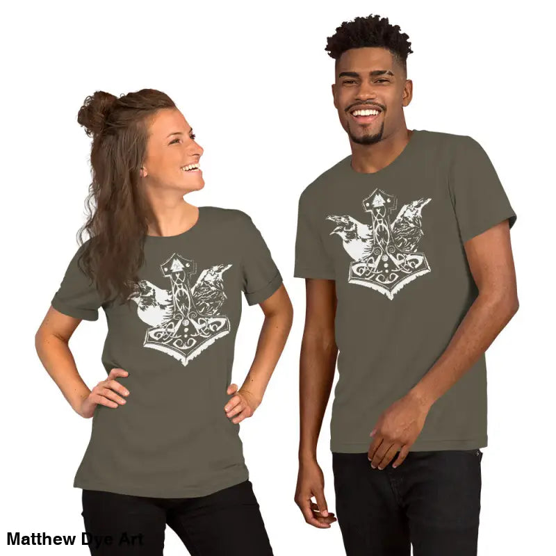 Matching olive green t-shirts featuring white Viking graphic from Odin’s Chosen Tee