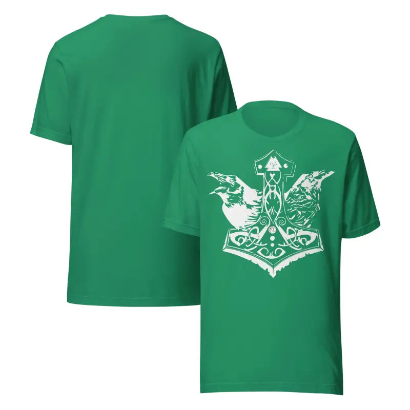 Green t-shirt featuring a white raven and hammer design from Odin’s Chosen Tee