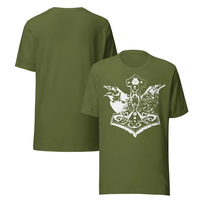 Olive green Odin’s Chosen tee featuring striking Viking design for Norse art enthusiasts