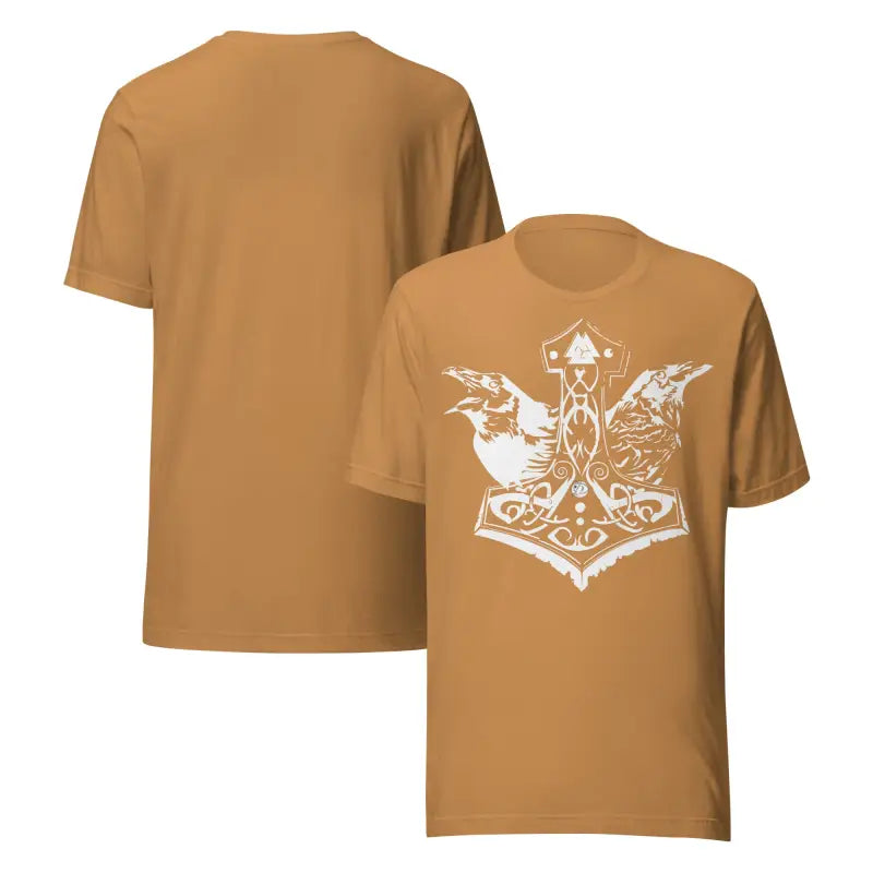 Two tan t-shirts featuring Odin’s Chosen Tee with white raven and hammer design