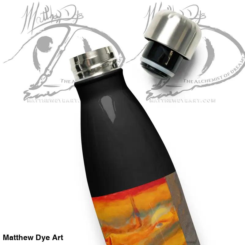 Black stainless steel water bottle featuring an artistic orange and yellow design