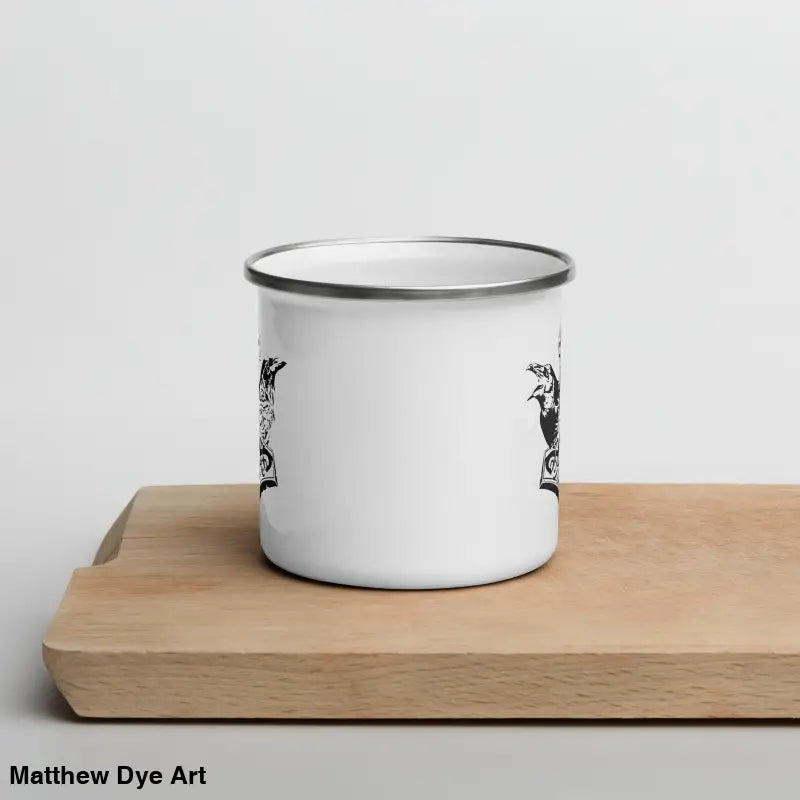 Exquisite rugged white enamel cup with black decorative designs for Viking adventures