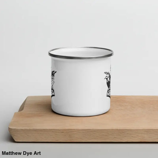 Exquisite rugged white enamel cup with black decorative designs for Viking adventures