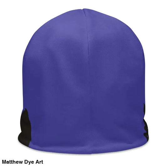Purple winter beanie with black trim, featuring a surrealist interpretation of a fierce feline