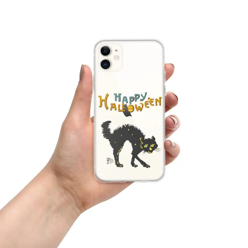 White iPhone mobile case with spooky black cat and Happy Halloween design
