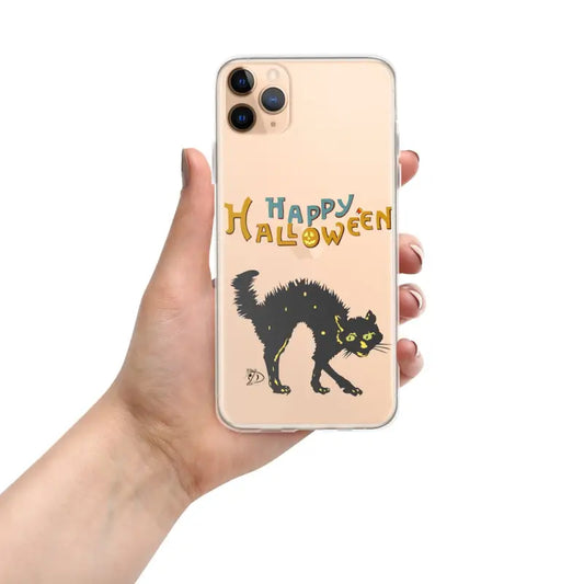IPhone mobile case featuring a spooky black cat and Happy Halloween design