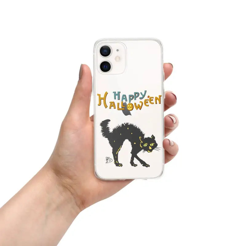 Scary Cat Halloween iPhone mobile case with spooky black cat and Happy Halloween design