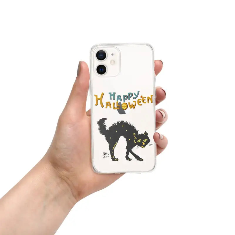 White iPhone mobile case with spooky black cat and Happy Halloween design for Scary Cat Halloween