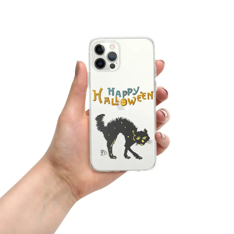 Clear iPhone mobile case featuring a spooky black cat Halloween design and colorful text