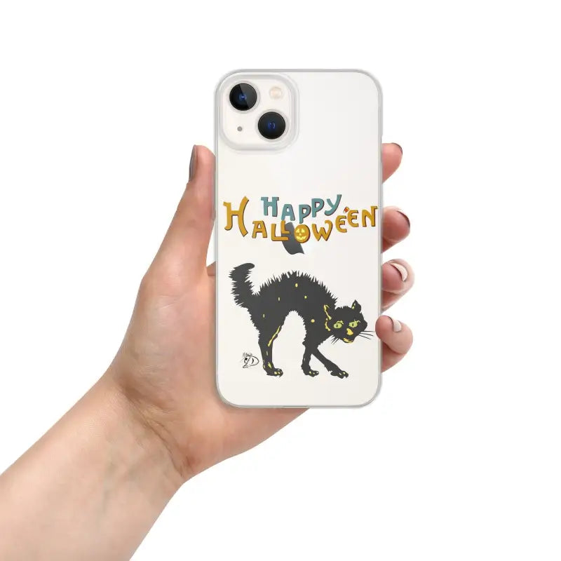 White iPhone mobile case featuring a spooky black cat and Happy Halloween design