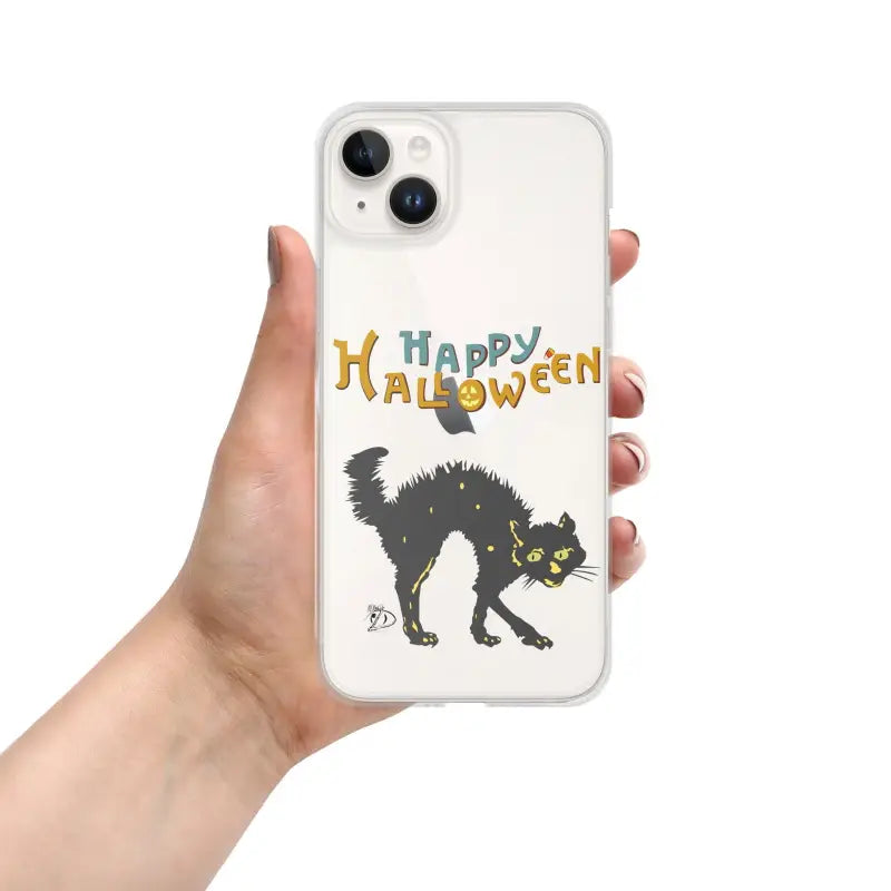 White iPhone mobile case with spooky black cat design and Happy Halloween text