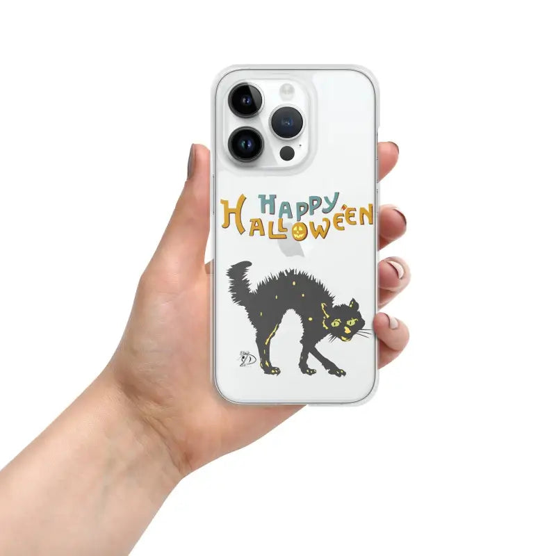 Halloween-themed iPhone mobile case featuring a spooky black cat and Happy Halloween text