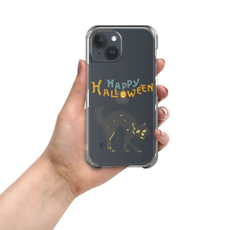 Clear phone case featuring Happy Halloween text and spooky black cat design for iPhone mobile case
