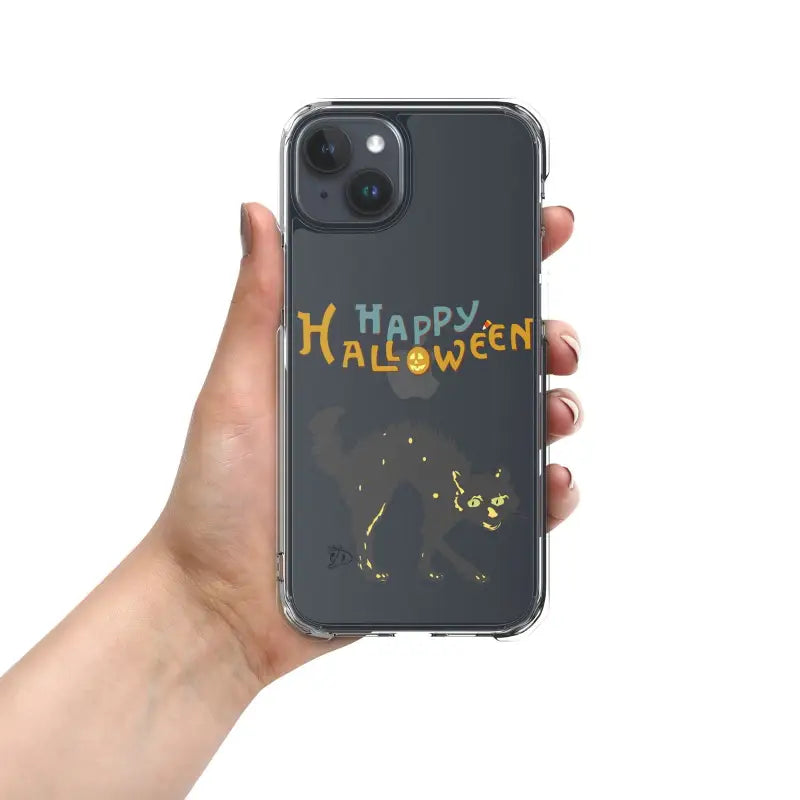 Clear iPhone mobile case featuring Happy Halloween text and spooky black cat design