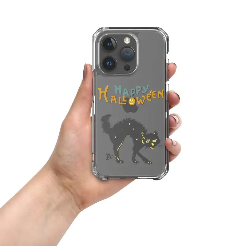 Clear iPhone mobile case featuring a spooky black cat and colorful scary cat Halloween design