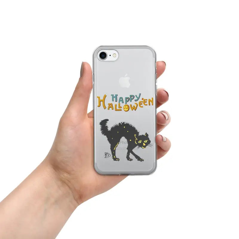 Clear iPhone mobile case featuring a spooky black cat and Happy Halloween design