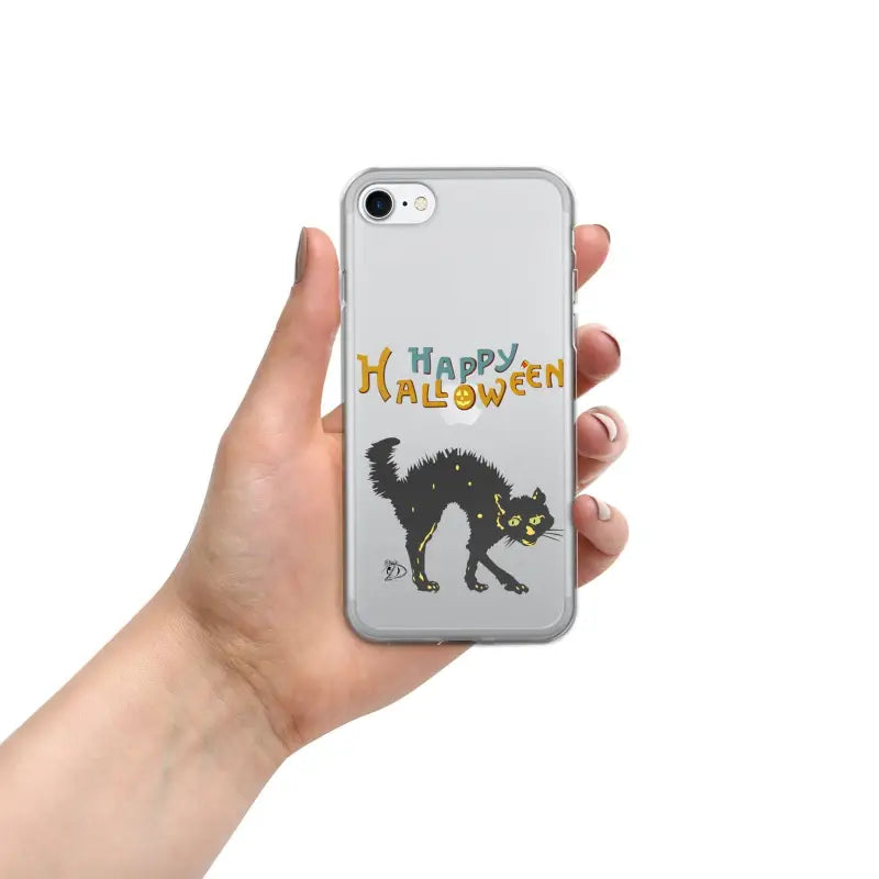 Clear iPhone mobile case featuring a spooky black cat and Happy Halloween design