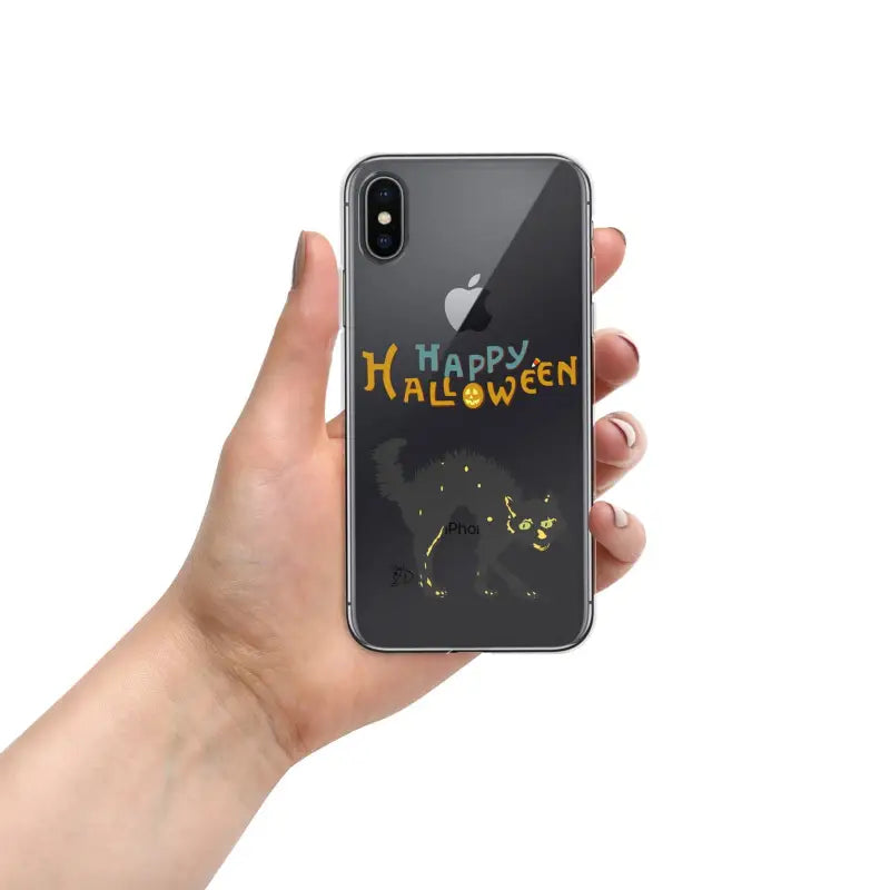 Hand holding an iPhone mobile case featuring a scary cat Halloween design