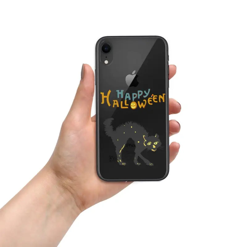 Black iPhone mobile case with spooky black cat and Happy Halloween decal design
