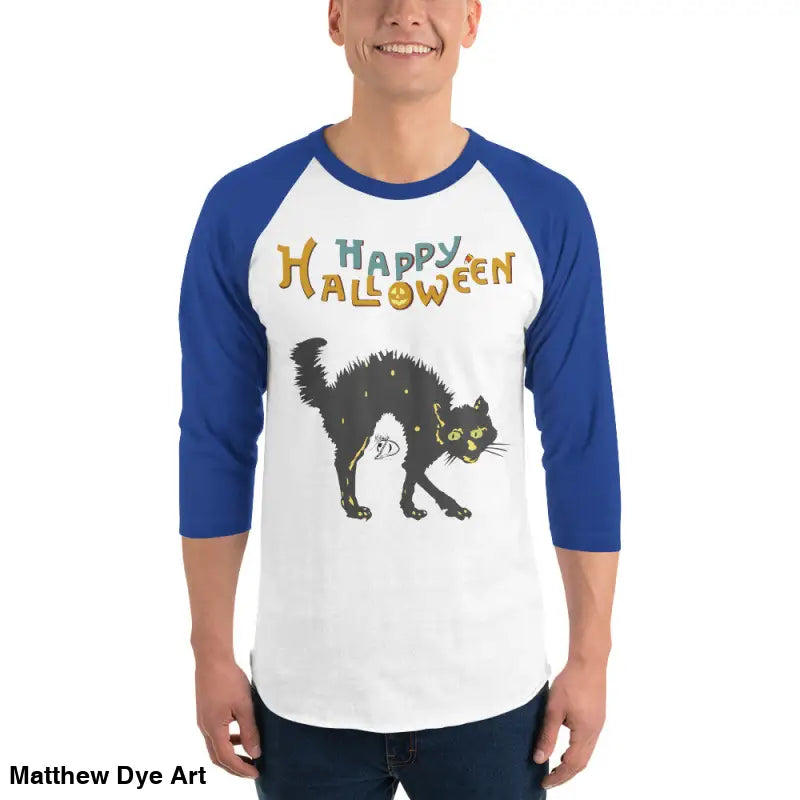 Blue-sleeved Scary Cat Halloween Raglan for hauntingly stylish nights in vintage art design