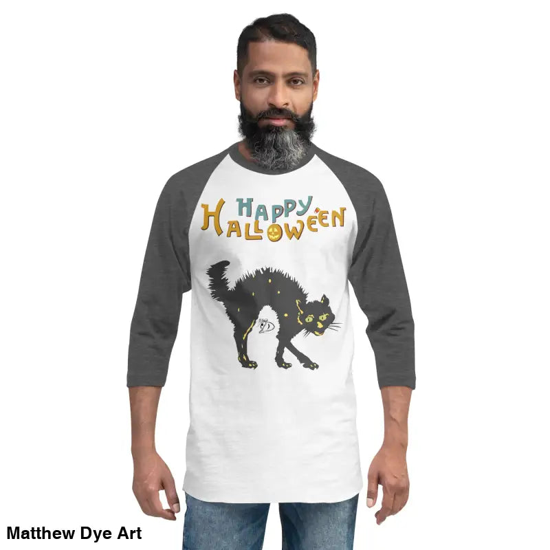 Scary Cat Halloween Raglan showcasing vintage art for hauntingly stylish nights
