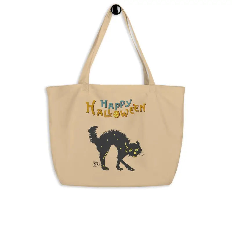 Beige tote bag featuring a black cat and Happy Halloween text design, perfect for Scary Cat Halloween