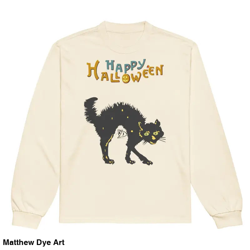 Long-sleeved Halloween shirt featuring a Scary Cat Halloween design for a fun look