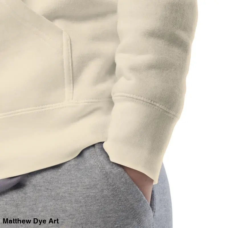 Beige hoodie with gray sweatpants showcasing whimsical scary cat art in vintage style