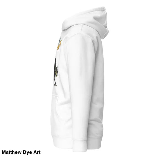 White hoodie featuring whimsical scary cat graphic in vintage style Halloween art